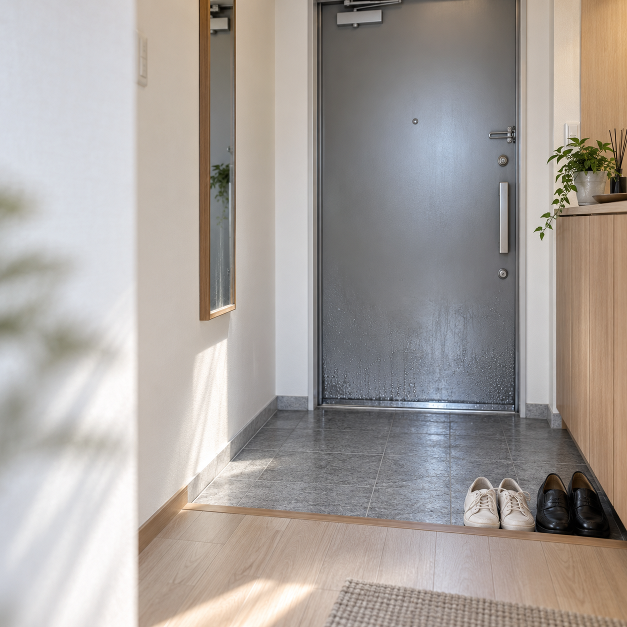 玄関ドアと下枠の湿り点検