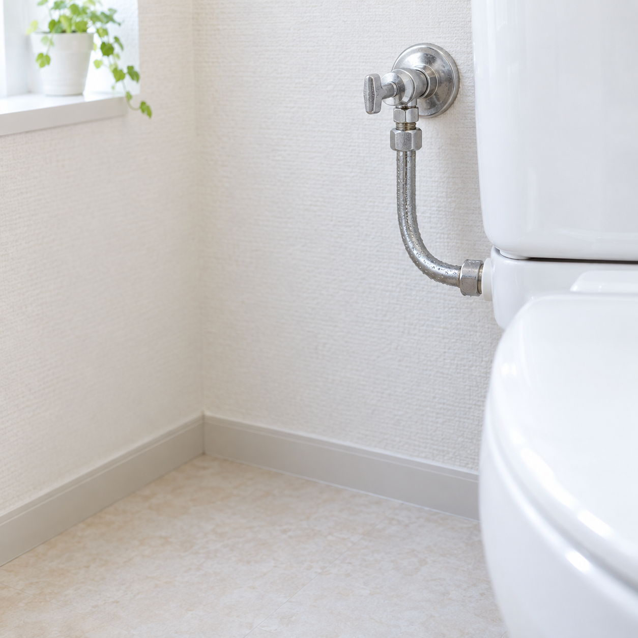 トイレ止水栓の水滴と床際点検